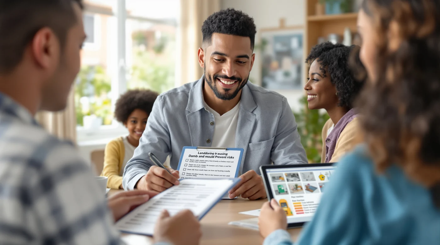 A housing officer sits with a family at a kitchen table, working through a damp and mould prevention checklist on a clipboard while a tablet shows guidance.