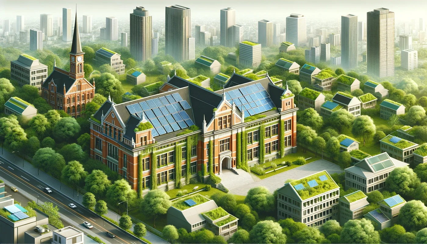 Create a wide banner image, 300px height, of an old, traditional school building with a solar panel roof in a green, eco-friendly city. The school should exhibit classic architectural features and be surrounded by lush greenery, including trees and neighboring buildings with green roofs. The cityscape should blend traditional architecture with modern environmental practices, showcasing the school as a central feature in this sustainable urban environment.
