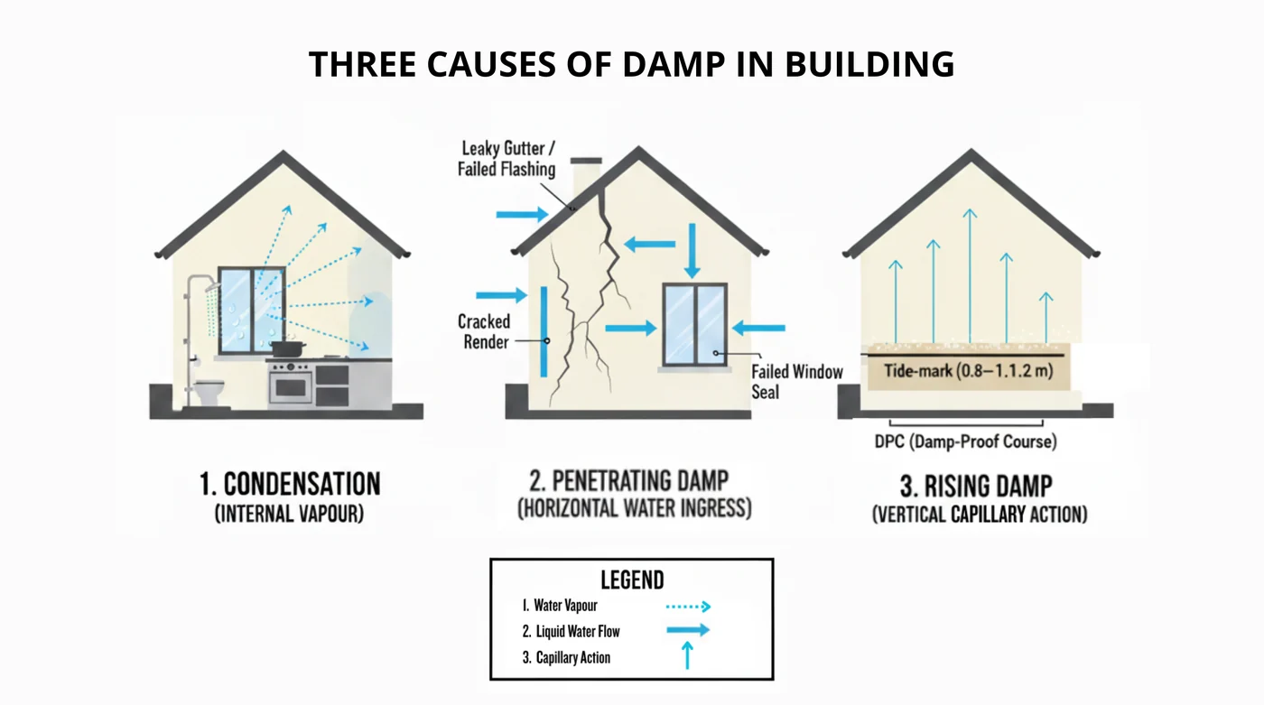Diagram, three causes of damp in a building: condensation from internal water vapour, penetrating damp from horizontal water ingress through cracked render and failed seals, and rising damp drawn vertically by capillary action to a tide mark 0.8 to 1.2 metres above the damp-proof course.