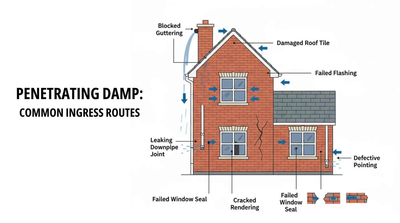 Diagram of a house showing common penetrating damp ingress routes: blocked guttering, damaged roof tiles, failed flashing, leaking downpipe joints, cracked rendering, failed window seals and defective pointing.