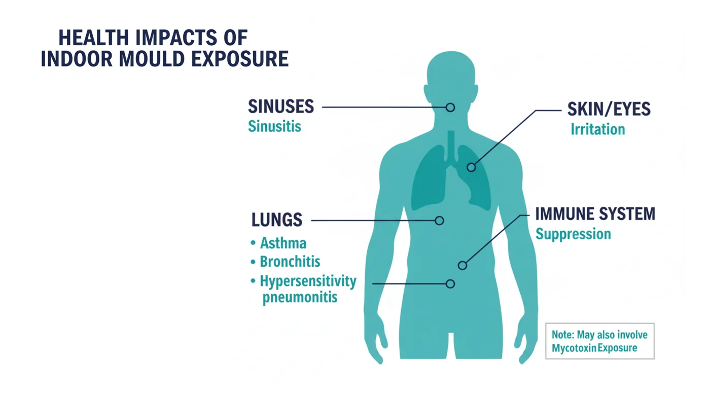 Diagram of the health impacts of indoor mould exposure on the human body: sinusitis in the sinuses, asthma, bronchitis and hypersensitivity pneumonitis in the lungs, skin and eye irritation, and immune system suppression.