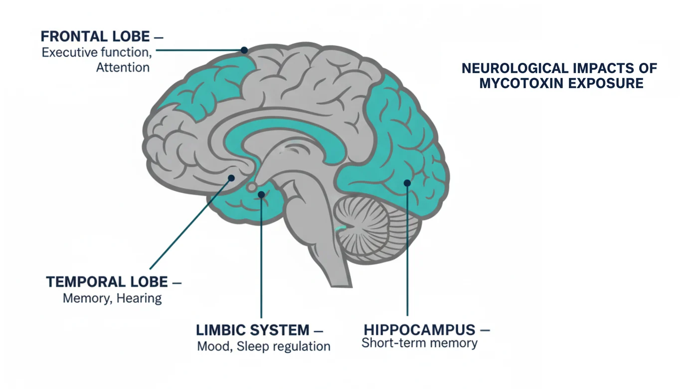 Diagram of the neurological impacts of mycotoxin exposure, highlighting the frontal lobe for executive function and attention, the temporal lobe for memory and hearing, the limbic system for mood and sleep regulation, and the hippocampus for short-term memory.