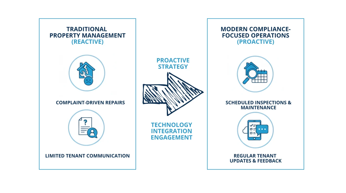 Comparison of traditional reactive property management, driven by complaints and limited tenant communication, against modern proactive compliance-focused operations using scheduled inspections and regular tenant updates.