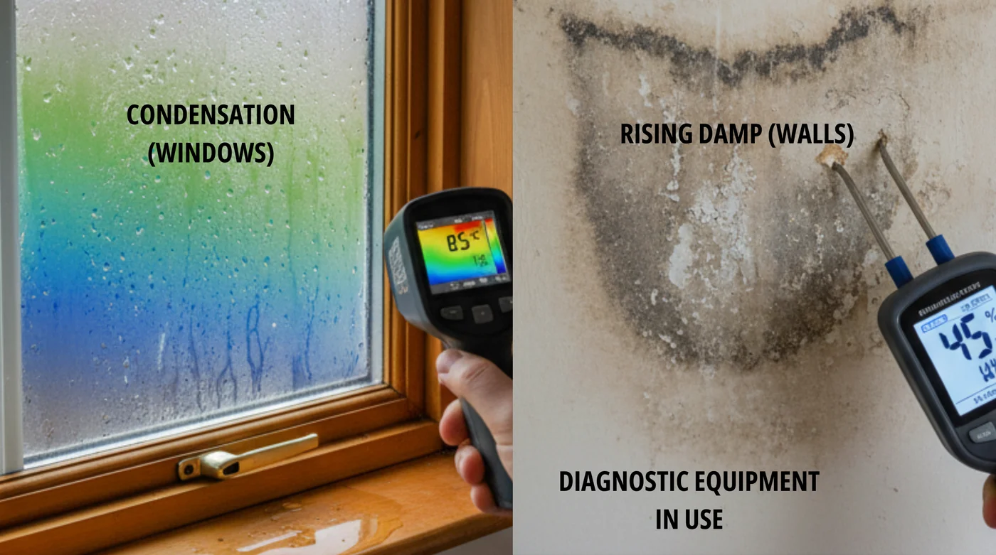 Diagram explaining how condensation forms on cold interior surfaces.
