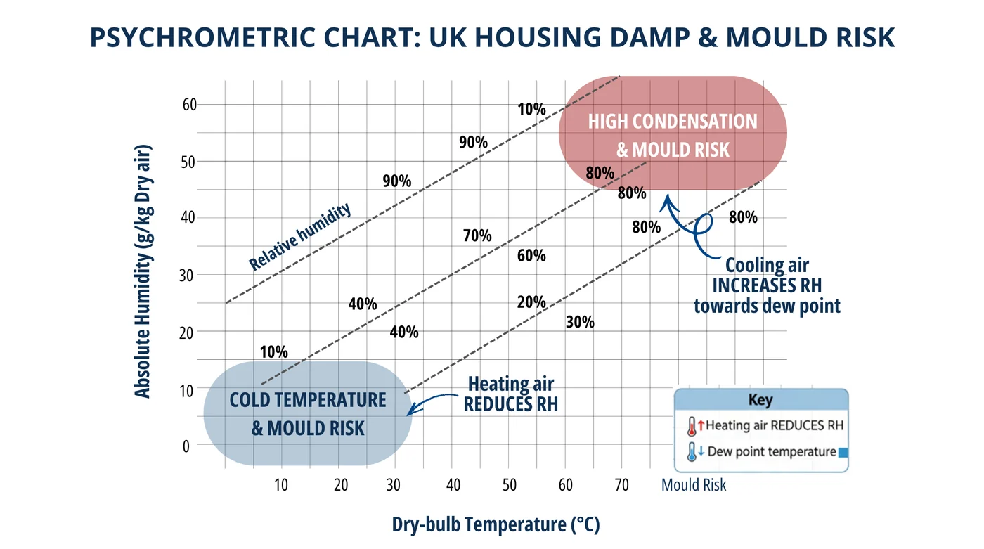 Psychrometric chart plotting the relationship between air temperature, relative humidity and dew point.