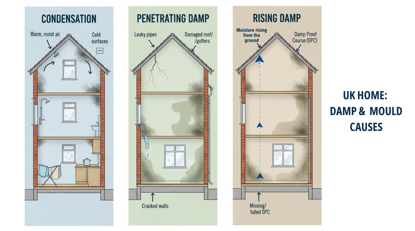 Diagram of the common causes of damp and mould in UK homes.