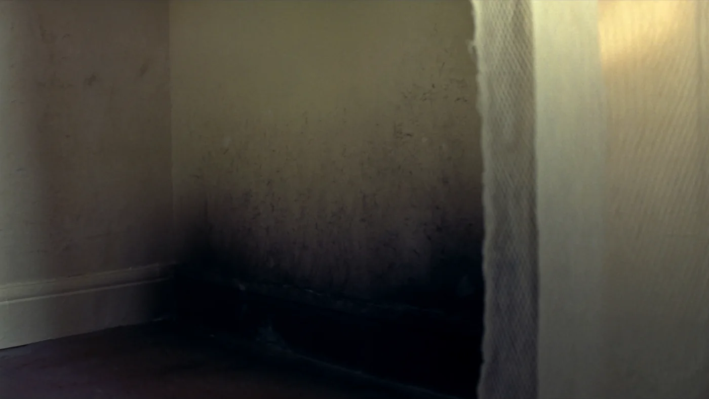 Black mould creeping up the corner of a bedroom wall above the skirting in an occupied rented flat