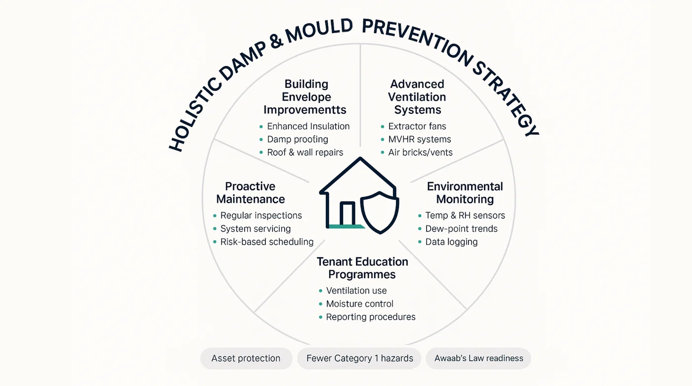 Diagram of a holistic approach to damp and mould prevention across a property.