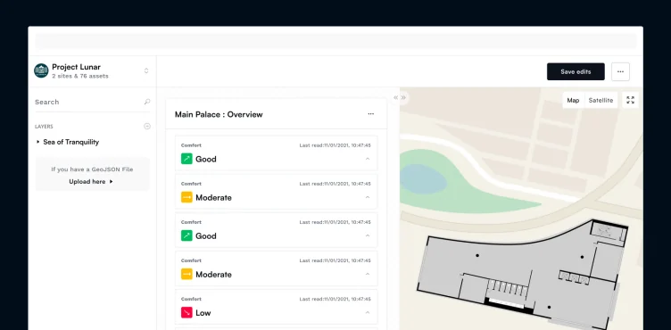 Software interface showing a site overview with comfort readings rated good, moderate and low against a floor plan and map view.