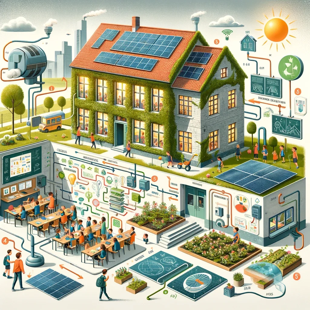 Illustration of a sustainable school: solar panels and green roofing on the building, pupils in classrooms, and planting beds across the grounds.
