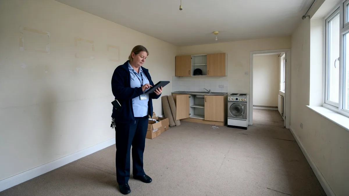 A housing officer with a tablet inspecting an empty flat