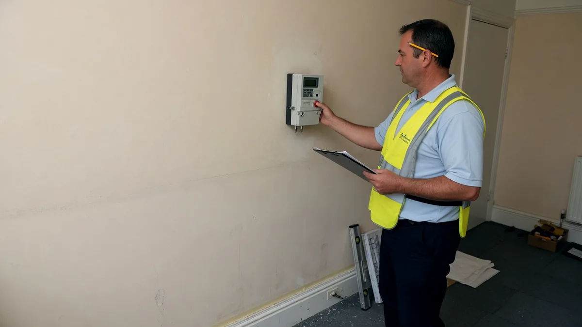 A surveyor in a high-visibility vest holding a handheld meter against a wall, tablet in the other hand