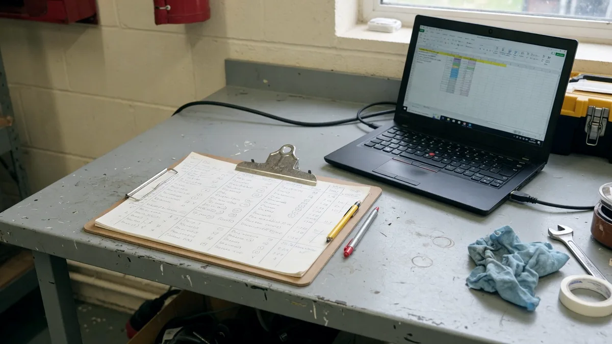 A clipboard of handwritten readings lying beside an open laptop on a workbench
