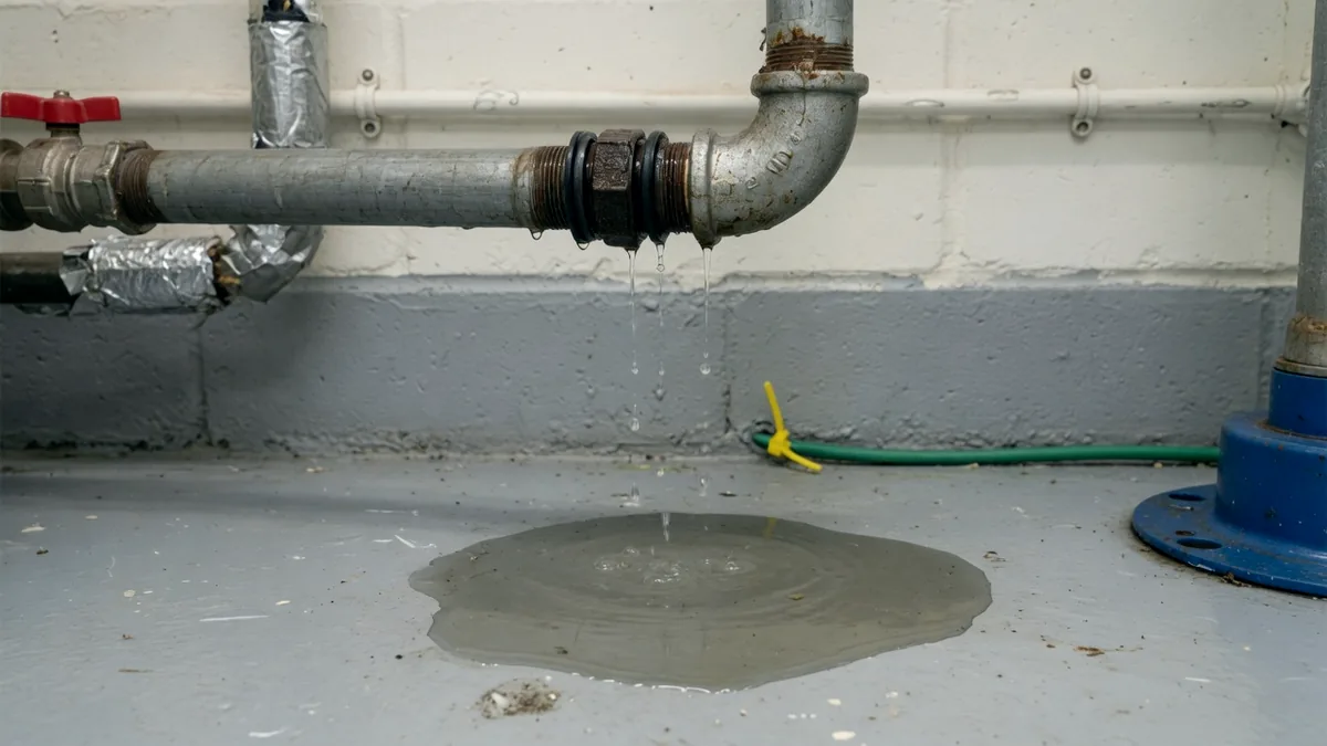 A puddle of water spreading across a plant room floor beneath overhead pipework