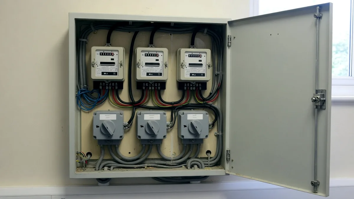 A school meter cupboard with electricity meters and isolator switches