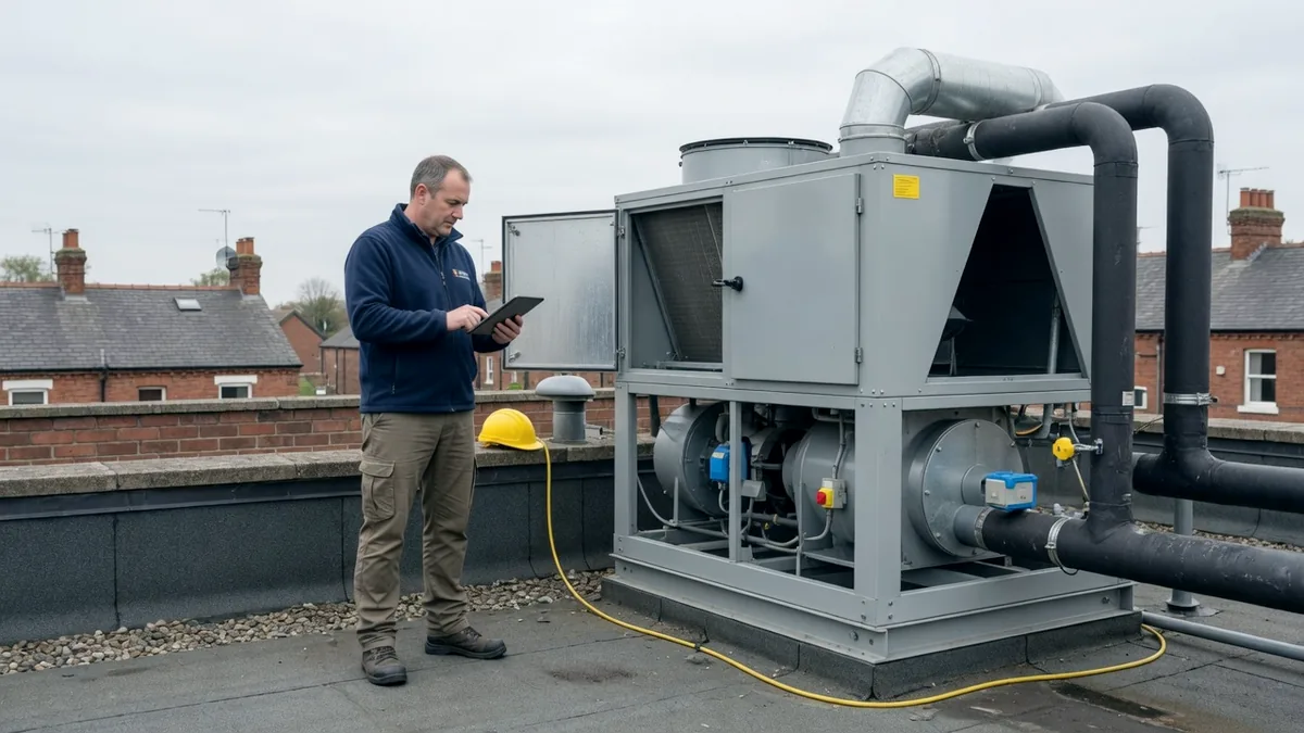 A building services engineer with a tablet beside air handling plant on a rooftop