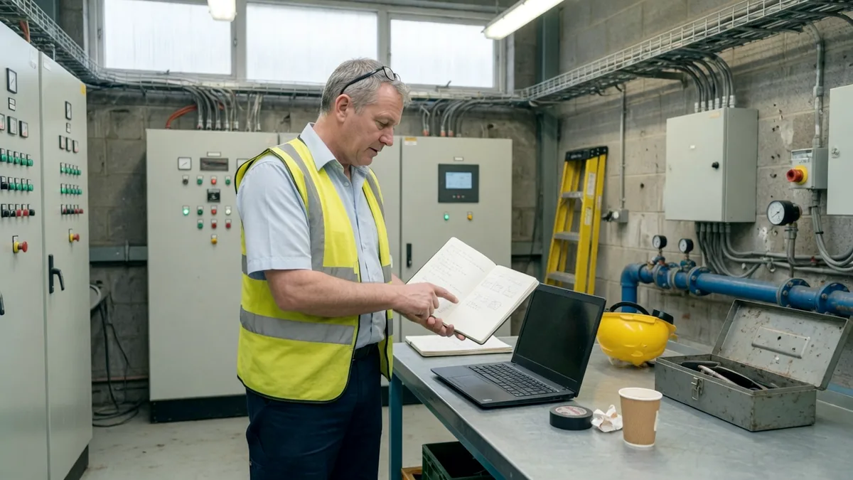 An engineer in a plant room comparing a handwritten notebook against a laptop
