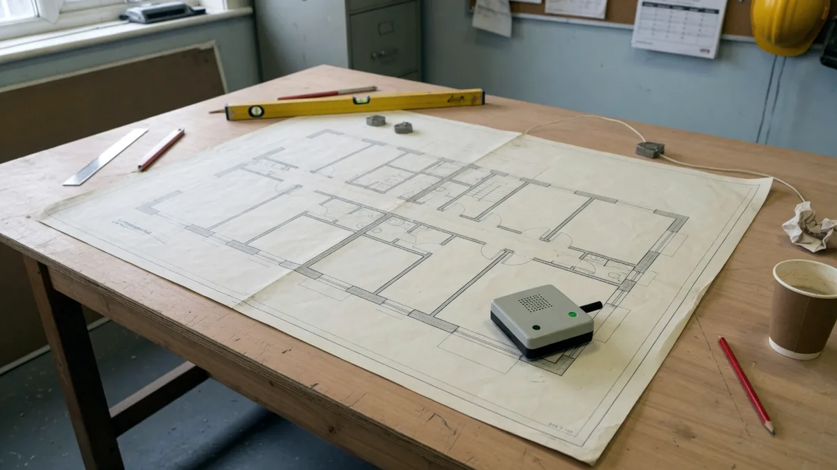 A building floor plan spread out on a site table with a small sensor resting on it