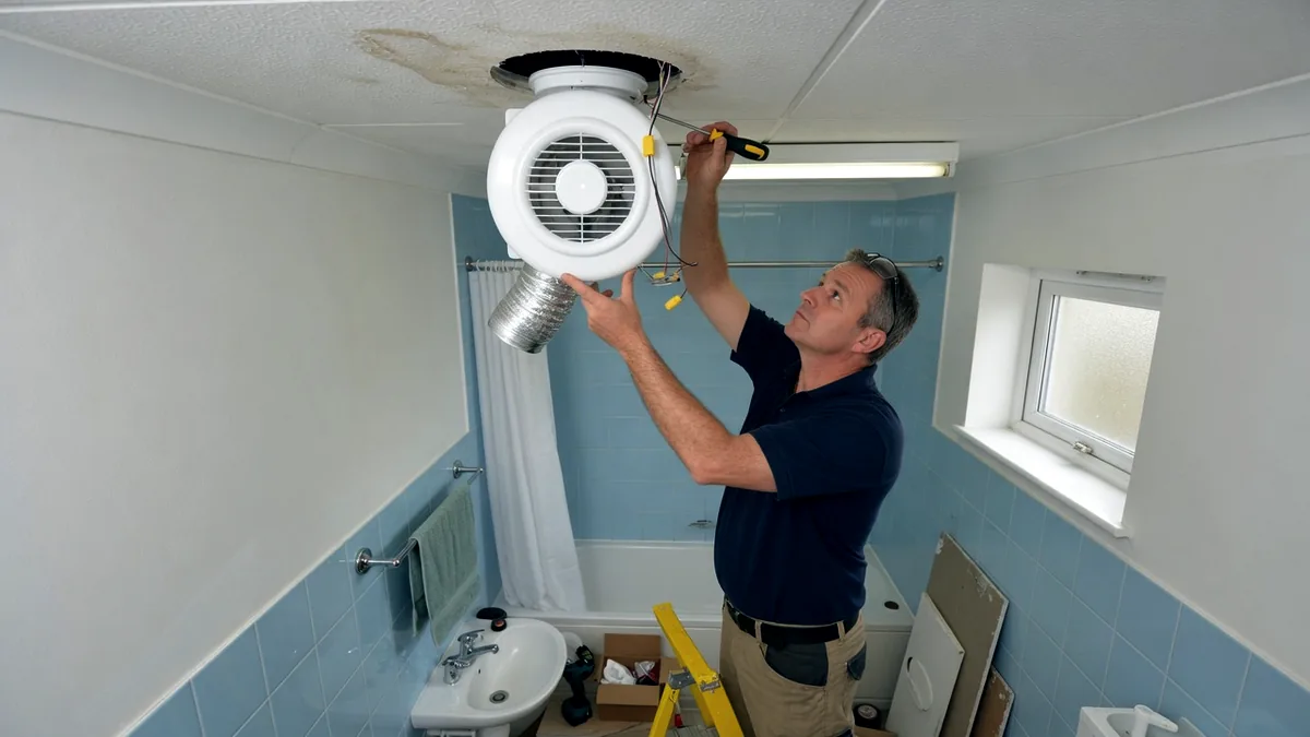 A maintenance operative fitting a new extractor fan into a bathroom ceiling