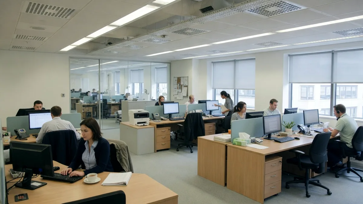 A modern open plan office with ceiling ventilation grilles and people working at desks