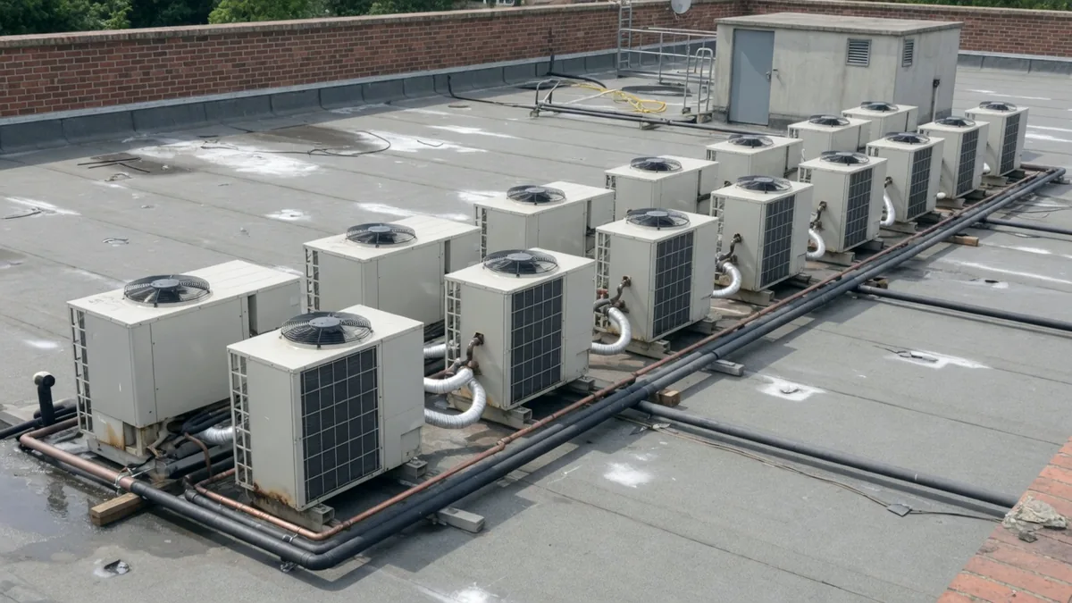 A flat roof covered with a bank of air conditioning condenser units