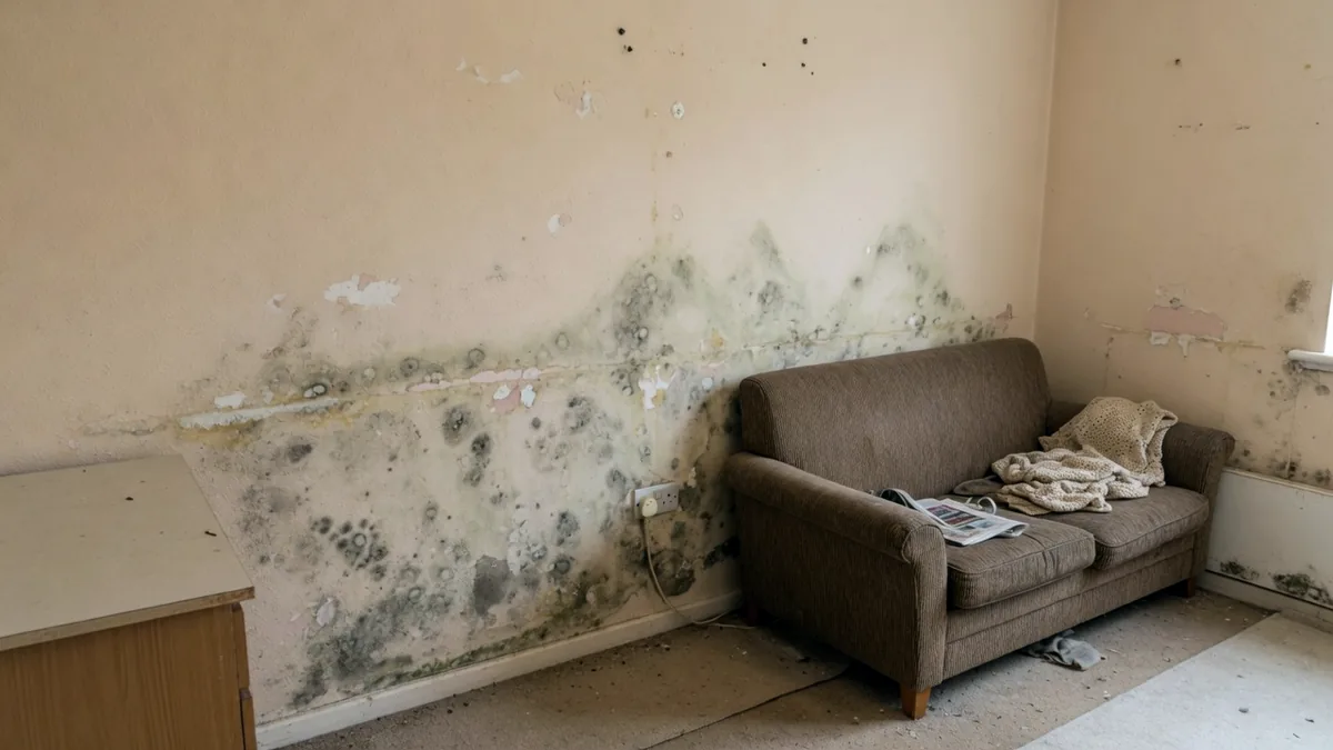 Damp and mould across the wall behind a sofa pulled away from it in a social housing flat