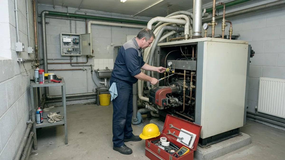 An engineer in overalls servicing a communal boiler in a housing block plant room, tools laid out on the floor