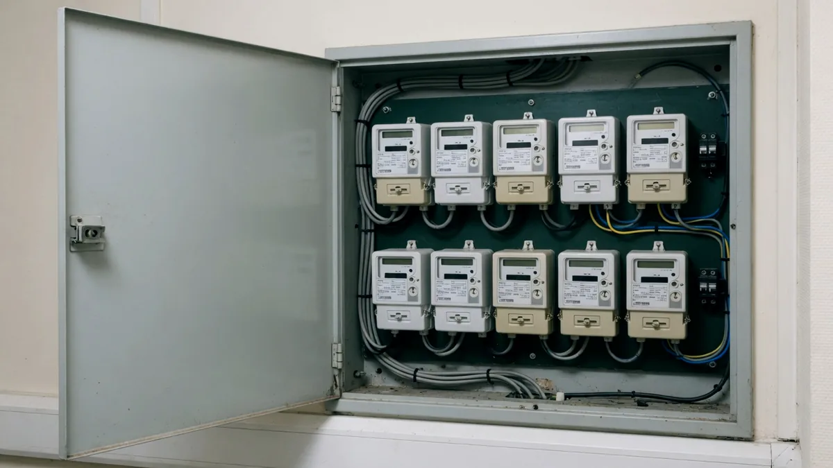 A row of tenant electricity submeters in an open metering cupboard