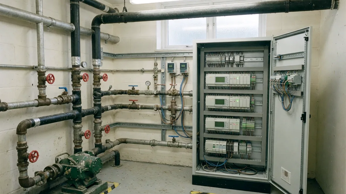 A plant room where new digital control equipment has been fitted alongside older pipework