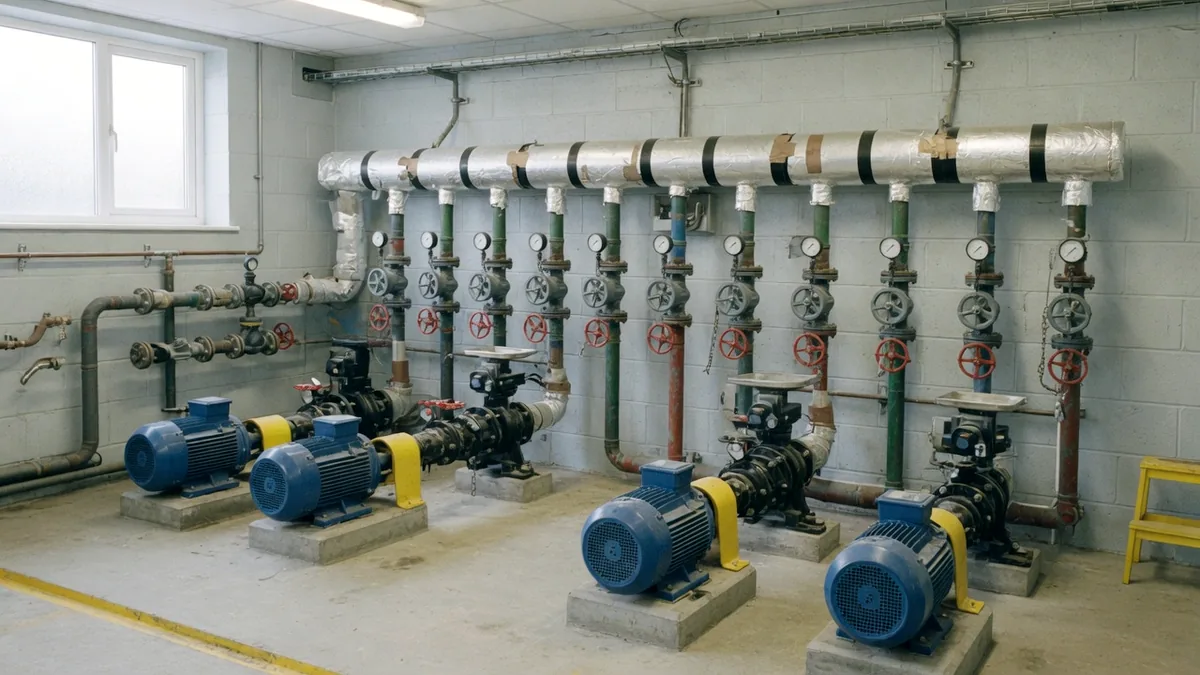 A communal heating plant room lined with pumps, valves and insulated headers