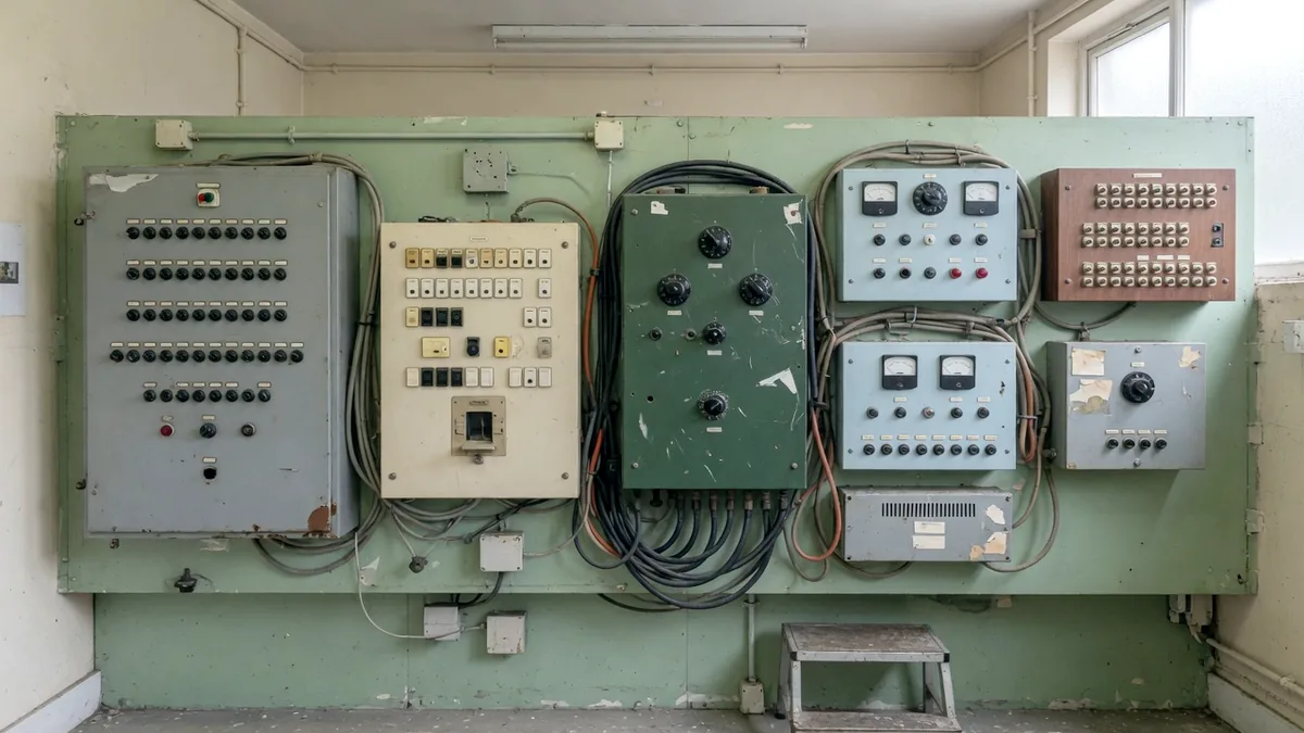 A plant room wall covered with mismatched control panels of different ages