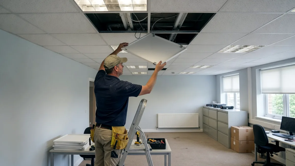 A contractor on a step ladder fitting a new LED light panel into a commercial office ceiling