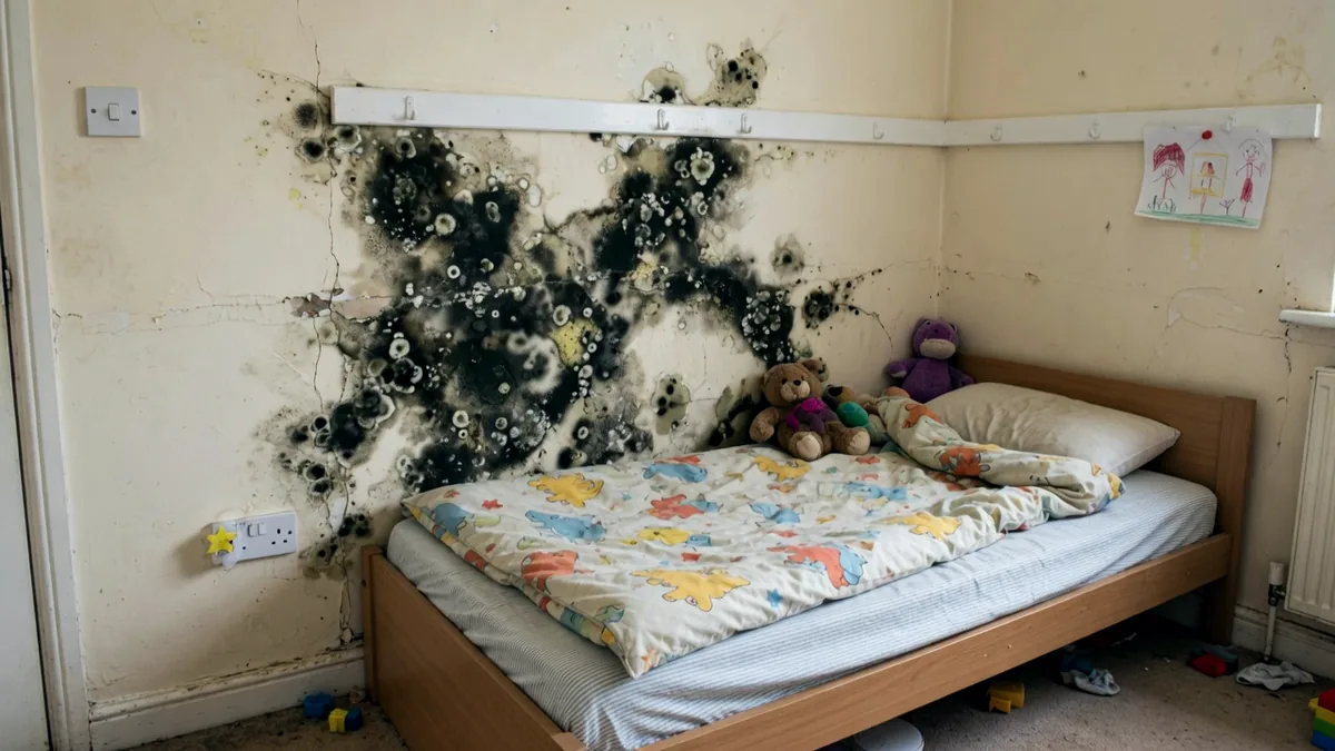 Black mould blooming across a bedroom wall above a child's bed in a rented home