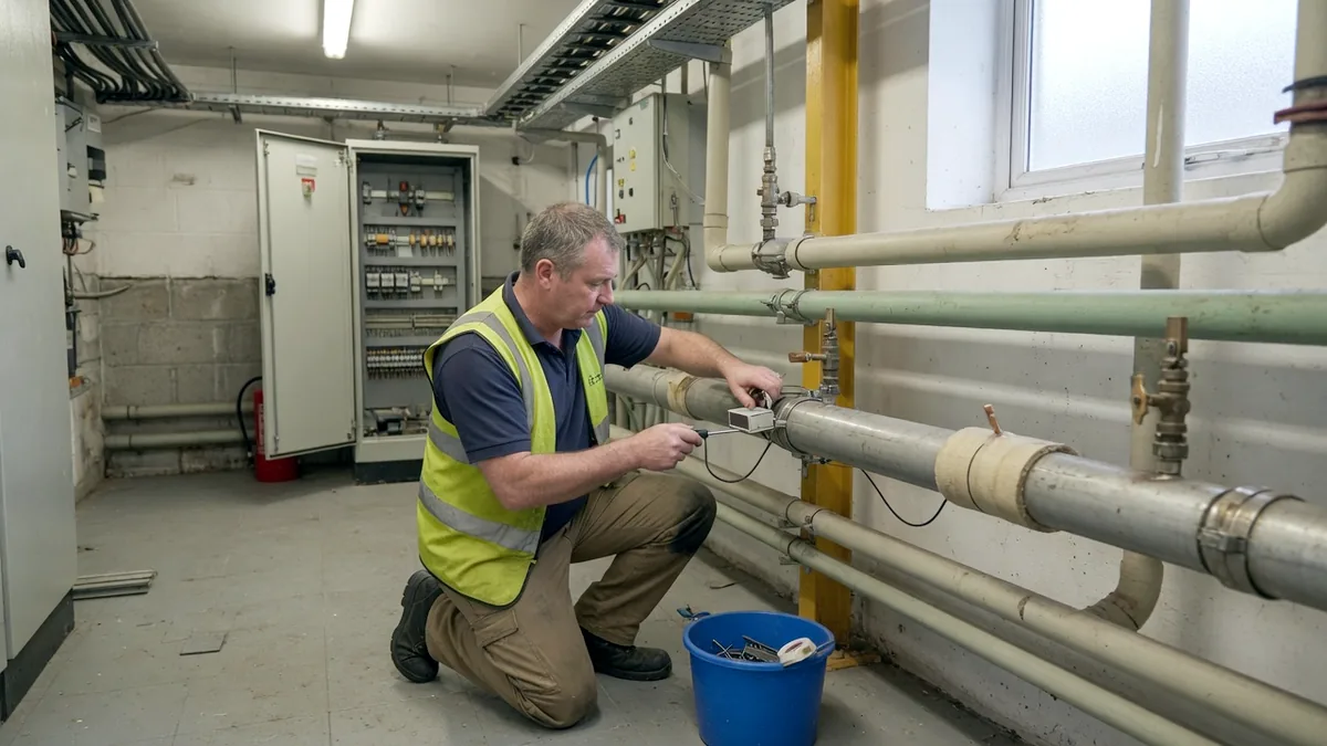 An engineer kneeling to fit a small sensor to a heating pipe in a plant room