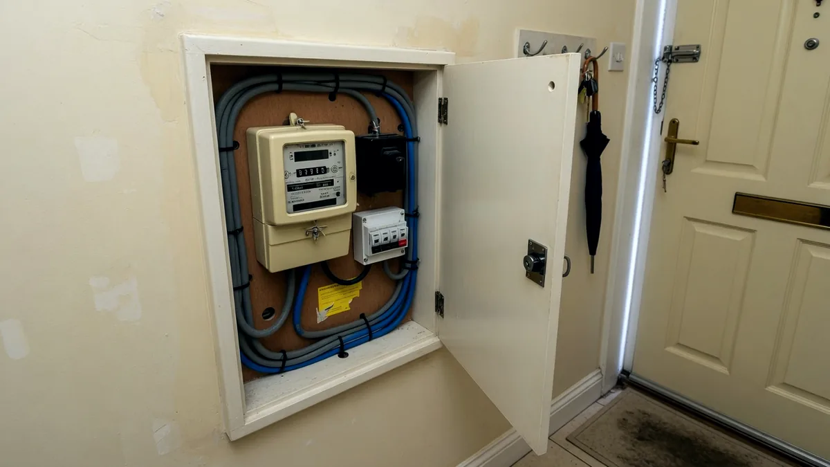 An electricity meter and consumer unit inside an open domestic meter cupboard