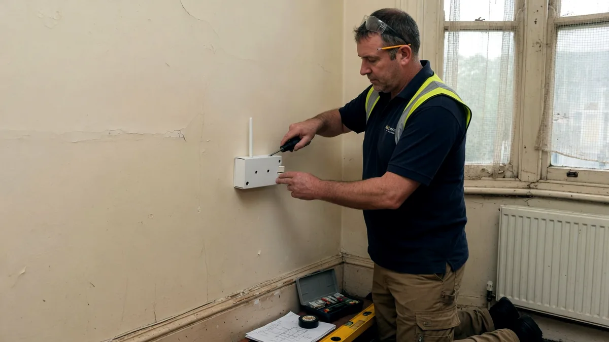 An engineer fitting a small wireless sensor to the wall of an older building