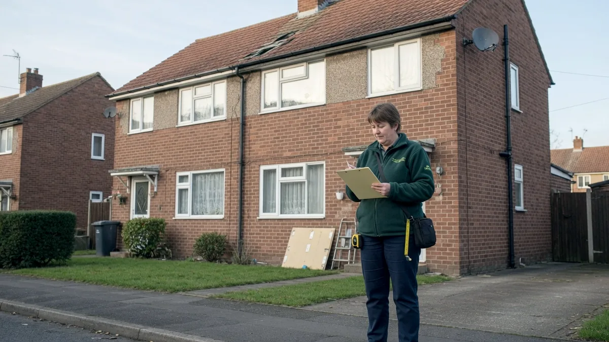 A retrofit assessor with a clipboard surveying the outside of a house