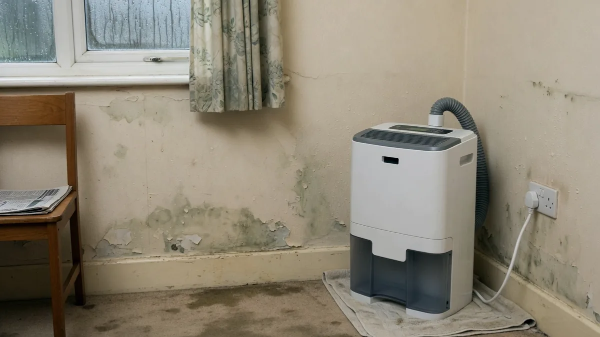 A portable dehumidifier running in the corner of a damp room