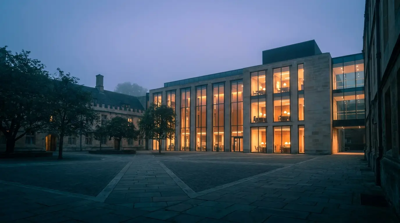 A campus quad at dusk, warm lit windows against a calm blue sky