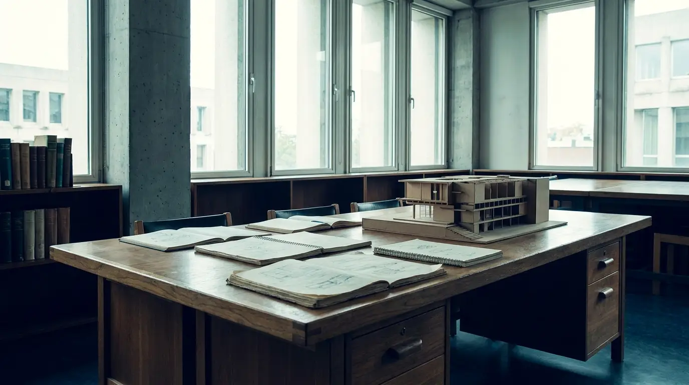 Open record books and an architectural model on a desk in a library reading room