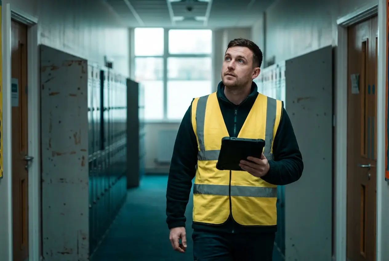 A building-services engineer walking a school corridor with a tablet, surveying the estate
