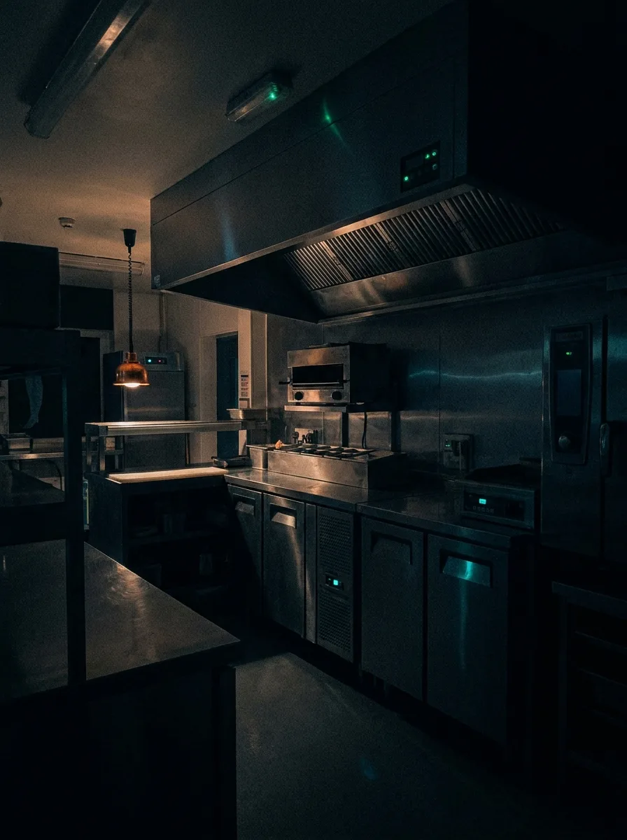 A commercial kitchen after close, equipment still drawing power in the dark