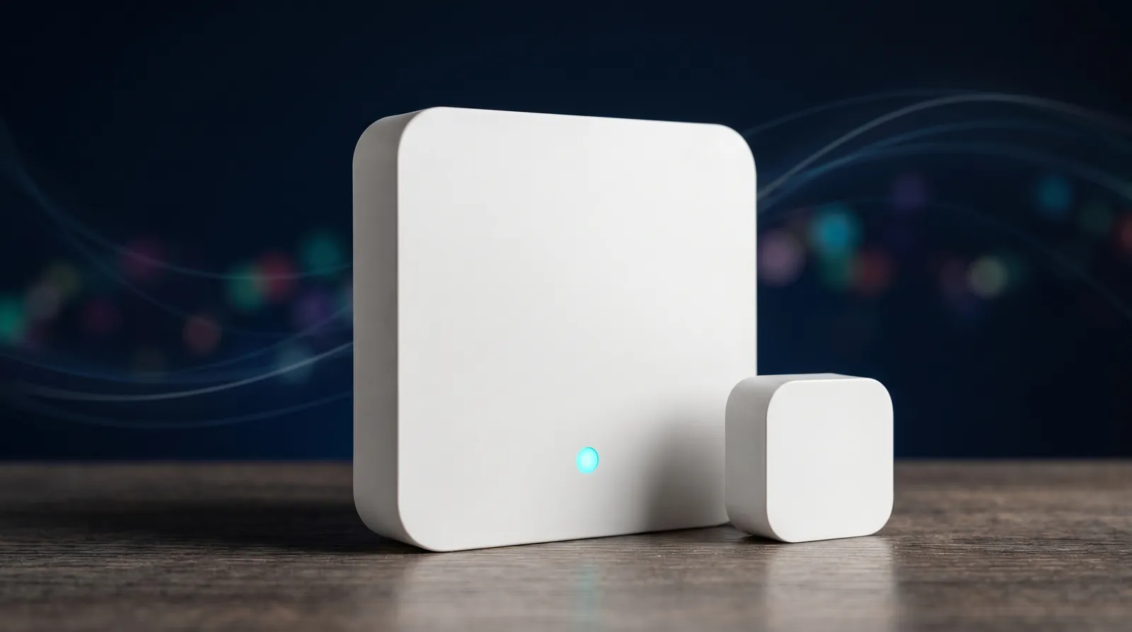 A white LoRaWAN gateway and environmental sensor with a glowing status light