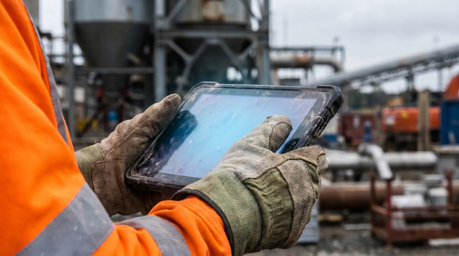 A field operative's gloved hands holding a rugged tablet on site